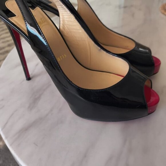 Christian Louboutin Blk Patent Leather Peep Toe Very Prive Slingback Heels - Picture 6 of 7